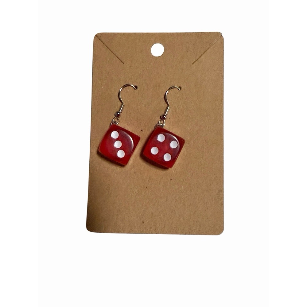 Red Resin Dice Earrings Silver Tone Fishhook Drop Dangle Retro‎ Y2K Kitsch